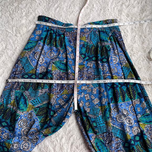 Vintage batik geometric patchwork print wide leg crop culotte palazzo pants blue - Picture 4 of 17